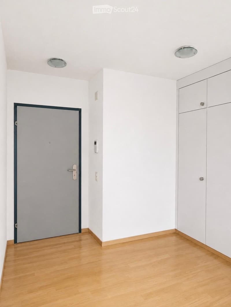 Empty room with light wooden flooring, white walls, a grey door, and built-in white cabinets.
