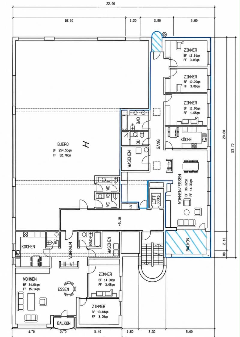 Floor plan of a multi-room apartment with labeled areas including living room, kitchen, bedrooms, bathrooms, and balconies.