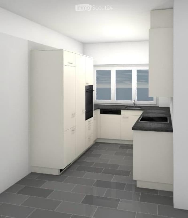 Modern kitchen with white cabinets, black countertops, and a dark tiled floor. Features a sink with a faucet and an oven integrated into the cabinetry.