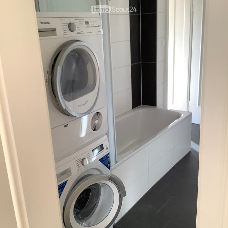Modern bathroom with a bathtub, washing machine, and dishwasher, featuring white tiles and a black floor.