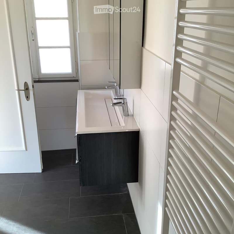 Modern bathroom with a white sink, chrome faucet, dark wooden cabinet, and a white radiator on the wall.
