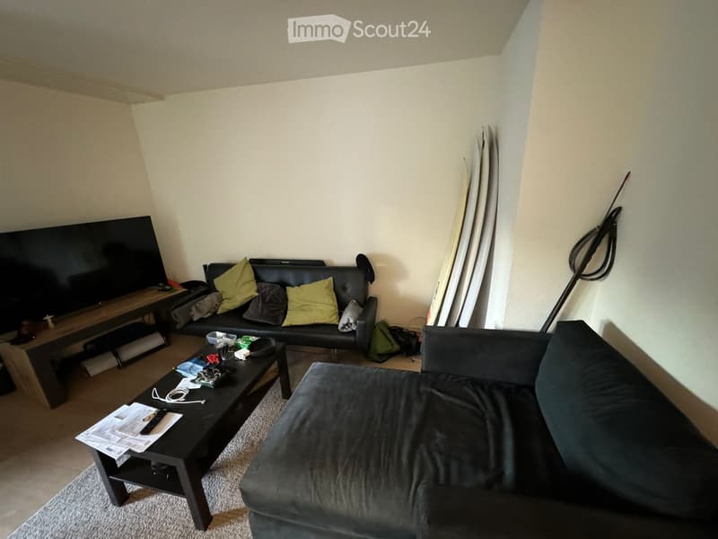 Living room with a black sofa, grey couch, coffee table, and television. The room features a slanted ceiling and a wooden floor.