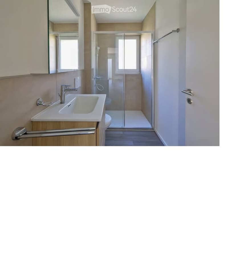 Modern bathroom with a white sink, chrome faucet, large mirror, glass-enclosed shower stall, and a toilet. Light-colored walls and wooden vanity.