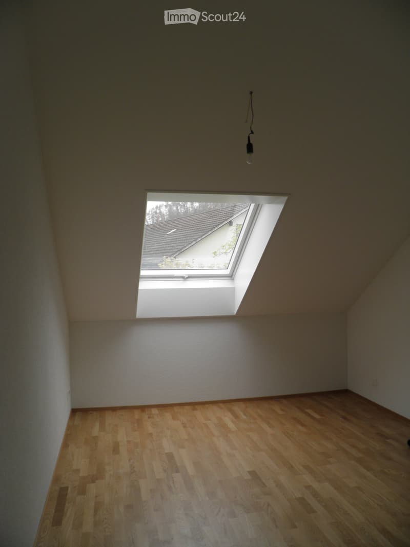 Empty room with wooden flooring and white walls, featuring a skylight window and a single light fixture.