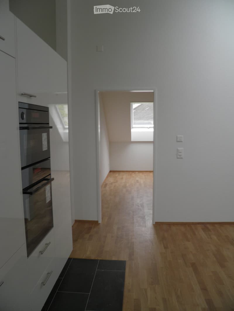 A narrow hallway with light wooden flooring, white walls, and a small window at the end. The hallway leads to a room with a skylight and a window, with modern cabinets and appliances visible on the left side.