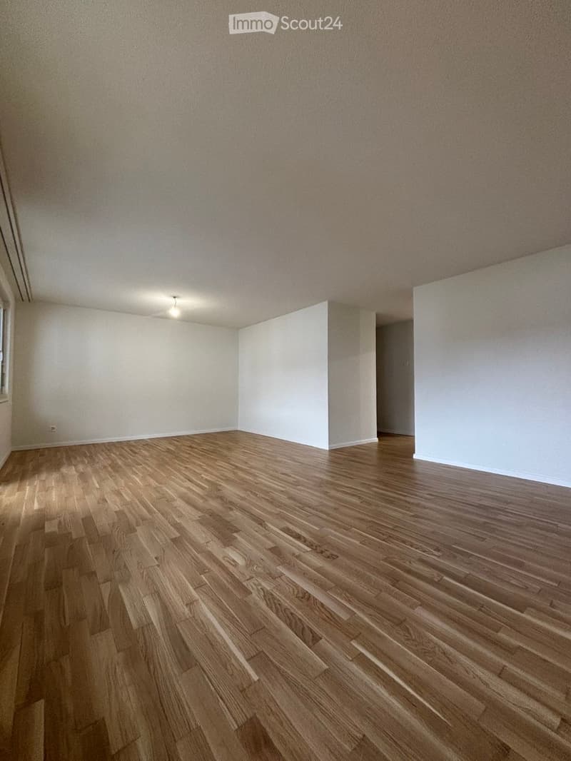 Empty room with wooden flooring and white walls, featuring a single ceiling light fixture and a window on one side.