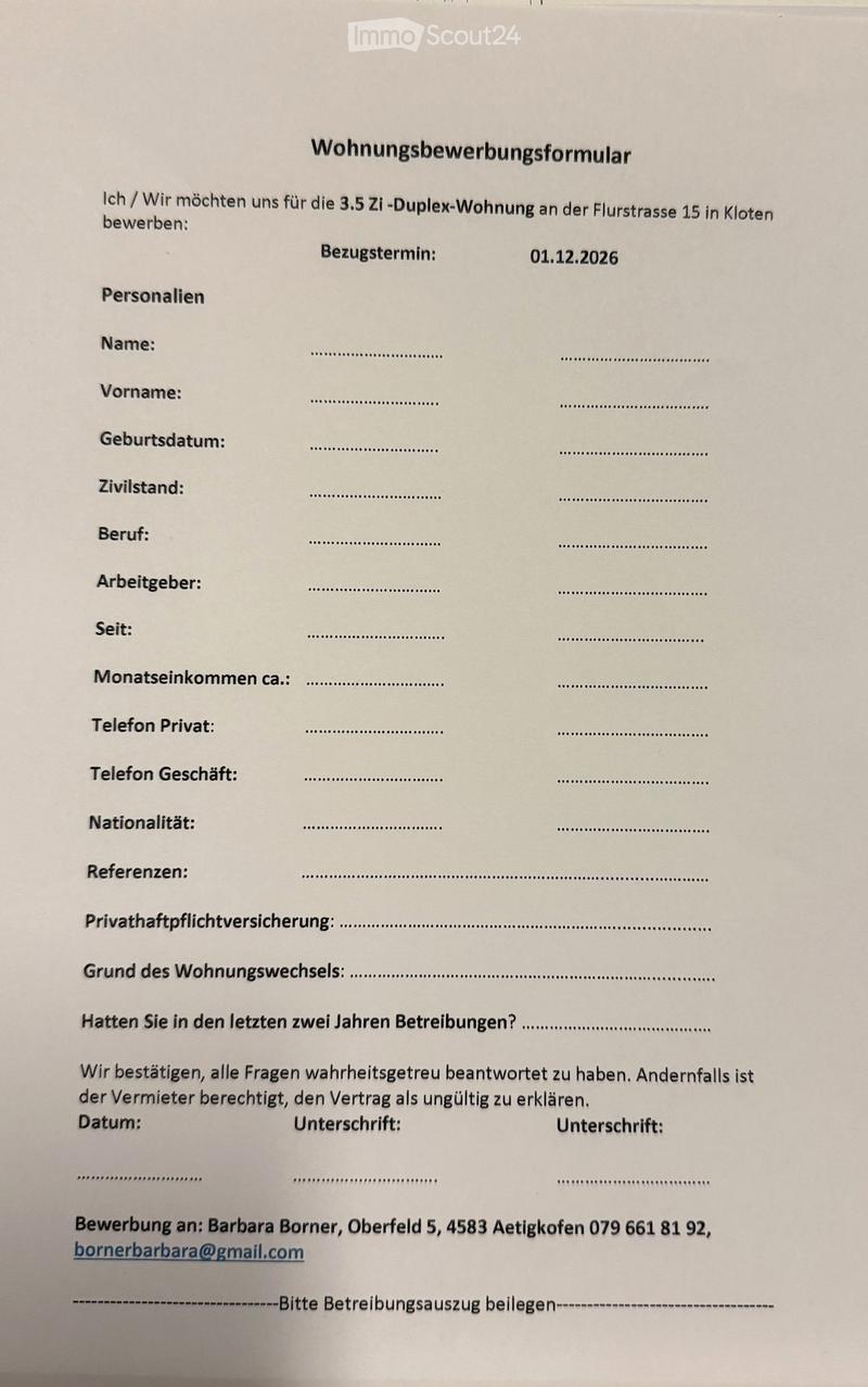 Rental application form for a 3.5-room duplex apartment at Flurstrasse 15 in Kloten, with fields for personal details, employment, income, and references.