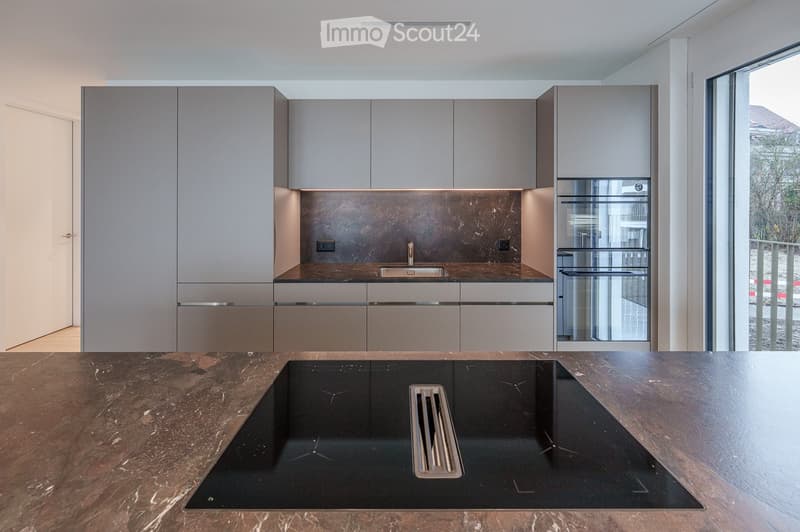 Modern kitchen with grey cabinets, marble countertops, a built-in sink, and an induction cooktop.
