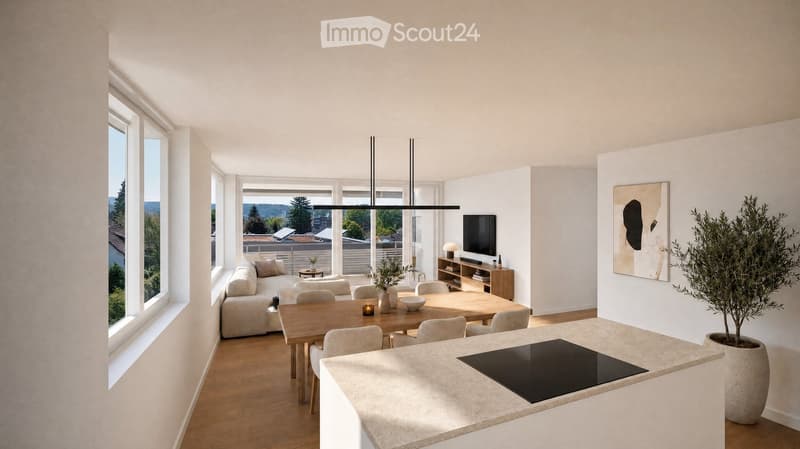 Open-plan living and dining area with modern furniture, large windows, and a kitchen island.