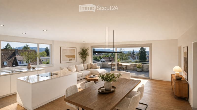 Bright, open-plan living and dining area with white walls, wooden flooring, large windows, and a balcony overlooking a scenic view. Features include a white sectional sofa, a wooden coffee table, a dining table with chairs, a modern kitchen island, and de