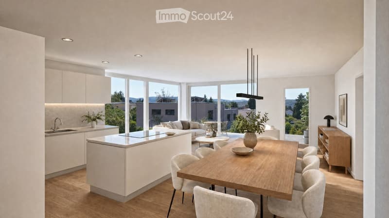 Open-plan living and dining area with modern furniture, large windows, and a kitchen island.
