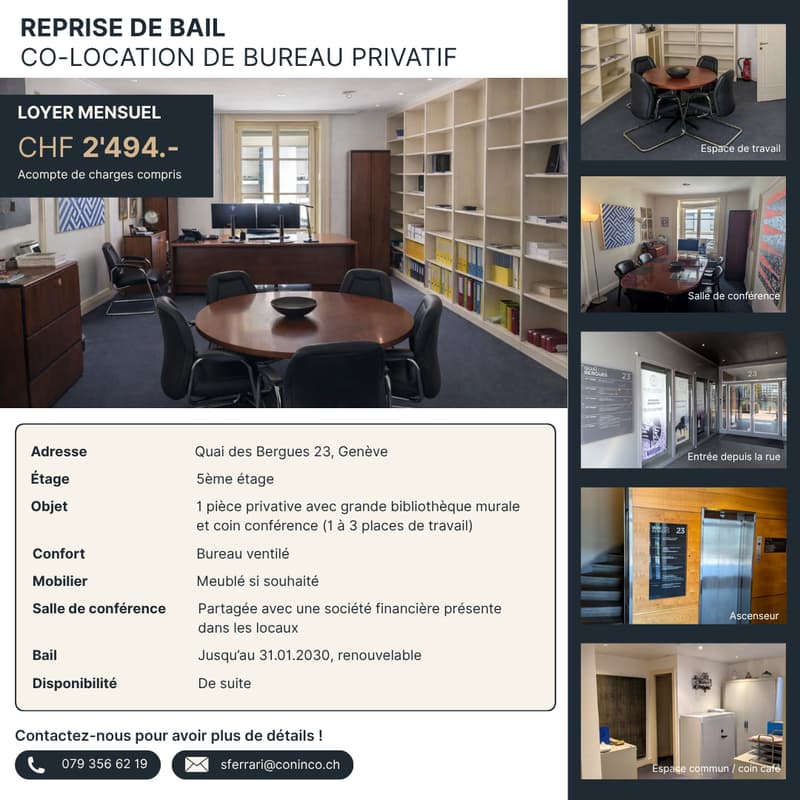 Private office space with a round table, chairs, bookshelf, office desk, computer monitor, cabinet, and filing cabinet.