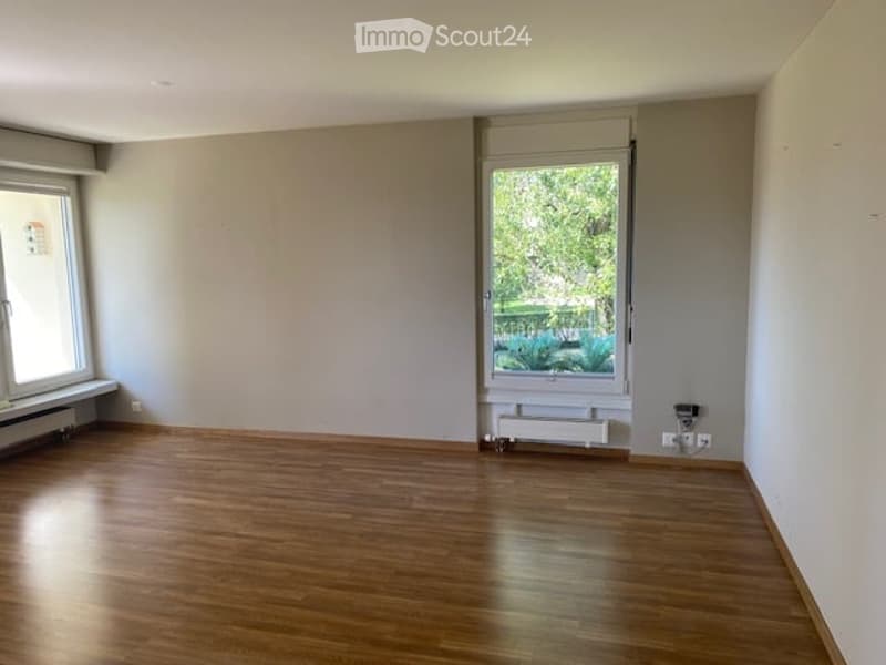 Empty room with wooden flooring, white walls, and large windows offering a view of greenery outside. No furniture or equipment present.