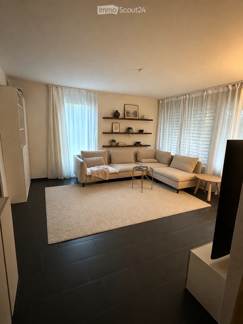 Modern living room with a sectional sofa, coffee table, small round stool, shelves with decorative items, and a large area rug on dark tiled flooring.
