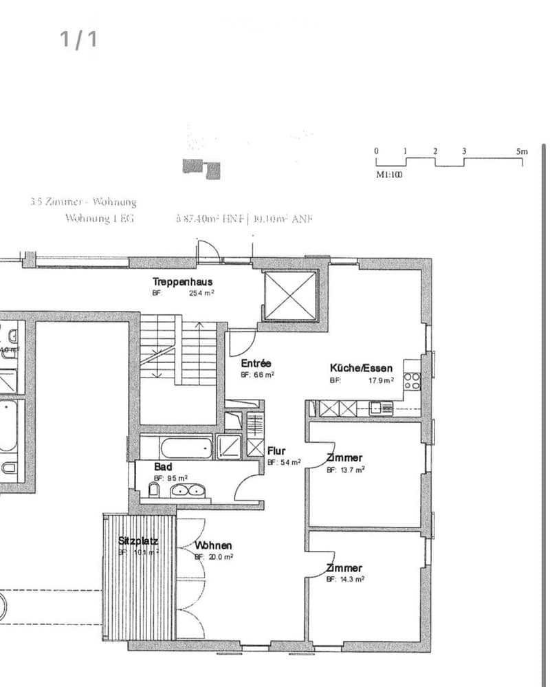 Floor plan of a 3.5-room apartment on the ground floor, including entrance, kitchen/dining area, living area, bedroom, bathroom, and hallway.