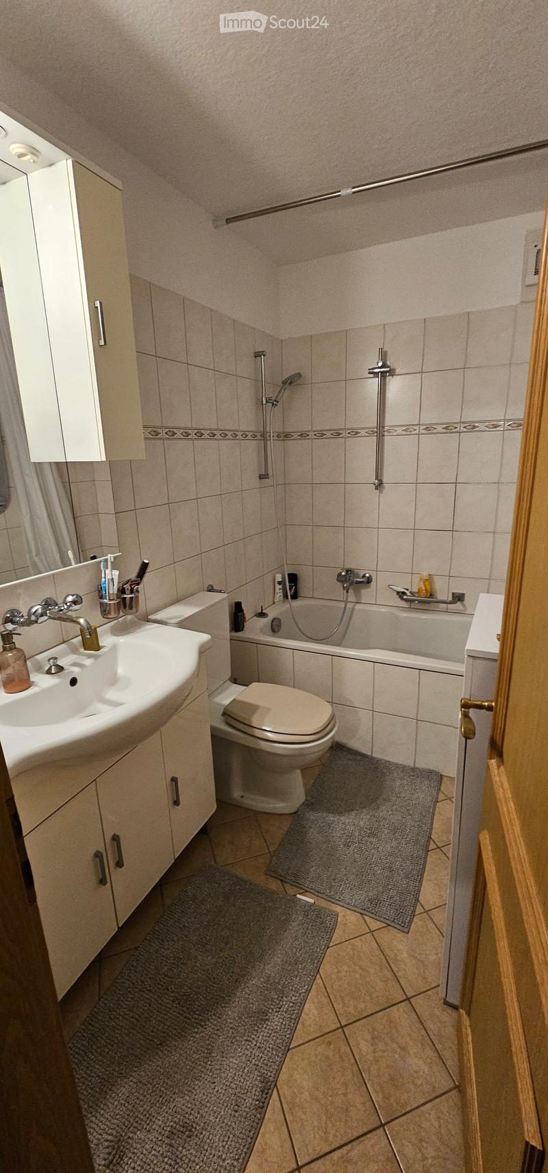 Bathroom with a sink, toilet, bathtub, and shower. Includes a mirror, cabinet, and two rugs on the floor.