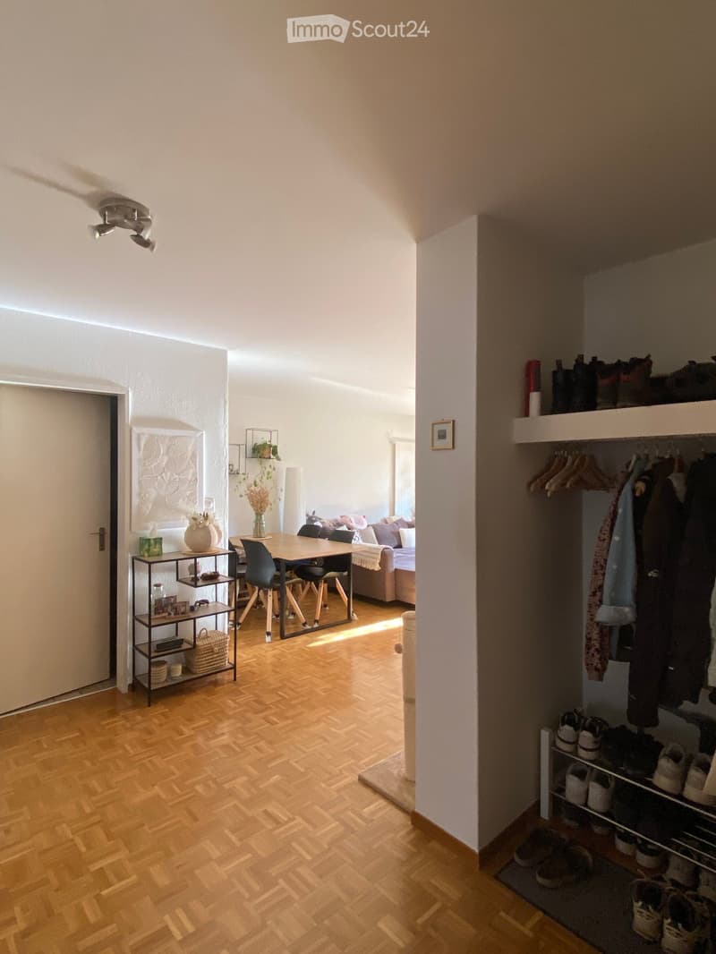 Bright, open living space with wooden flooring, a dining table with chairs, a sofa, a shelf with decorative items, and a closet with hanging clothes and shoes.