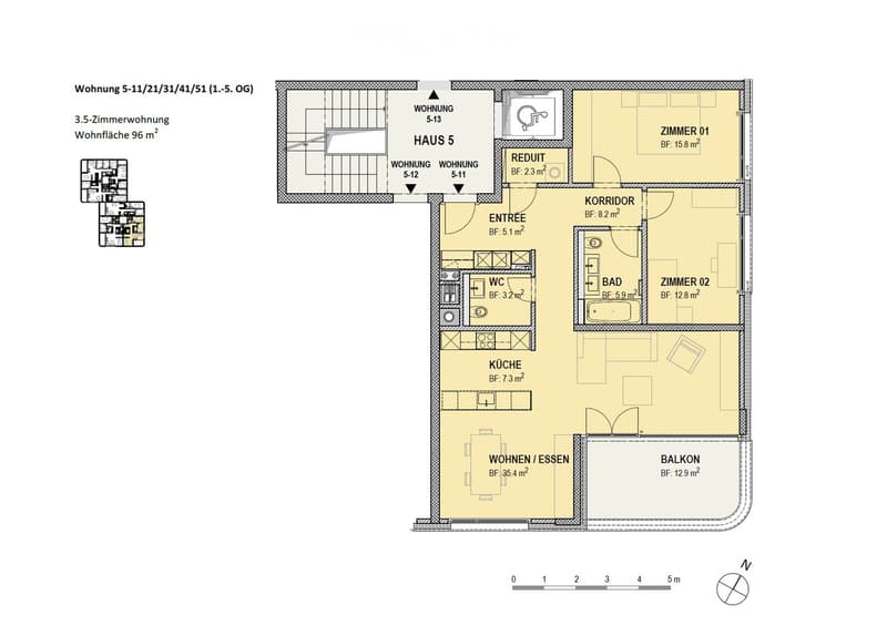 Floor plan of a 3.5-room apartment with a total area of 96 m², including a living/dining area, kitchen, two bedrooms, bathroom, WC, hallway, and balcony.