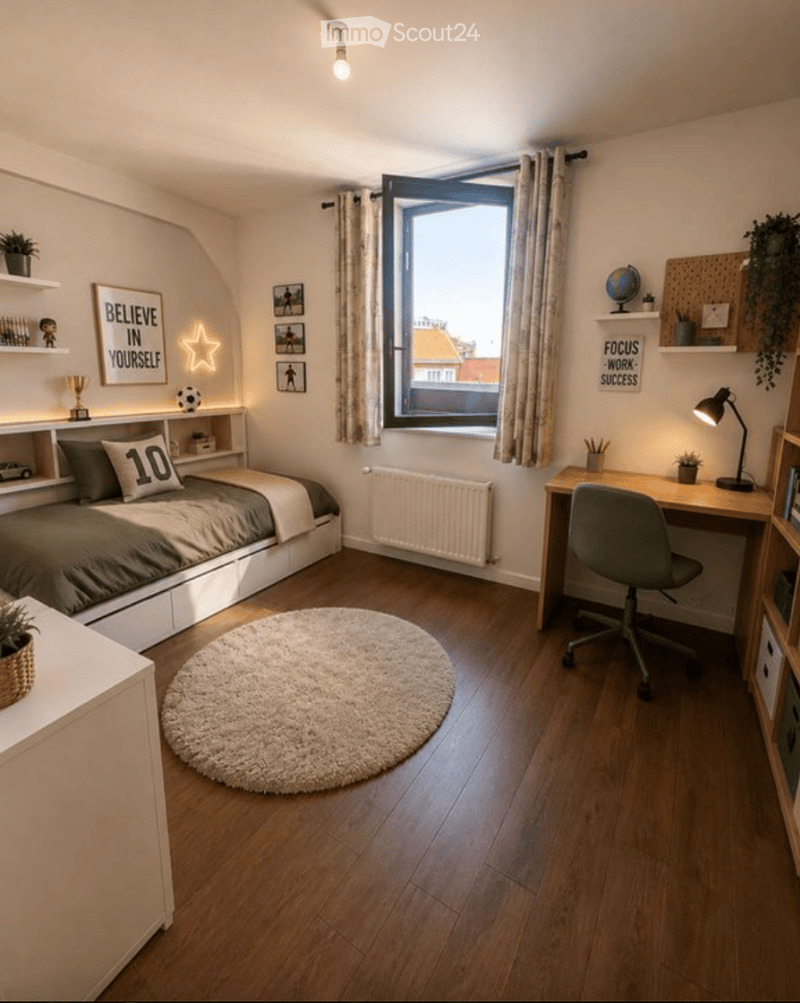 Cozy bedroom with a single bed, desk, chair, round rug, shelves with decor, and a window with curtains.