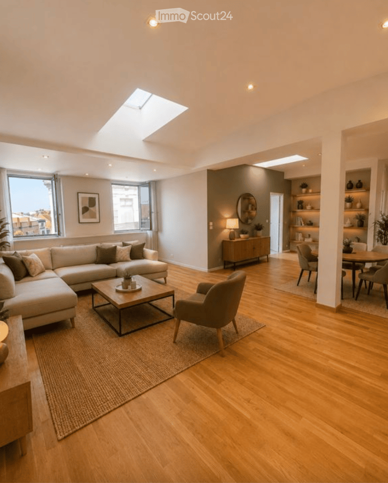 Modern living room with light-colored wood flooring, a large sectional sofa, coffee table, armchair, dining area with table and chairs, shelves with decorative items, and a skylight providing natural light.