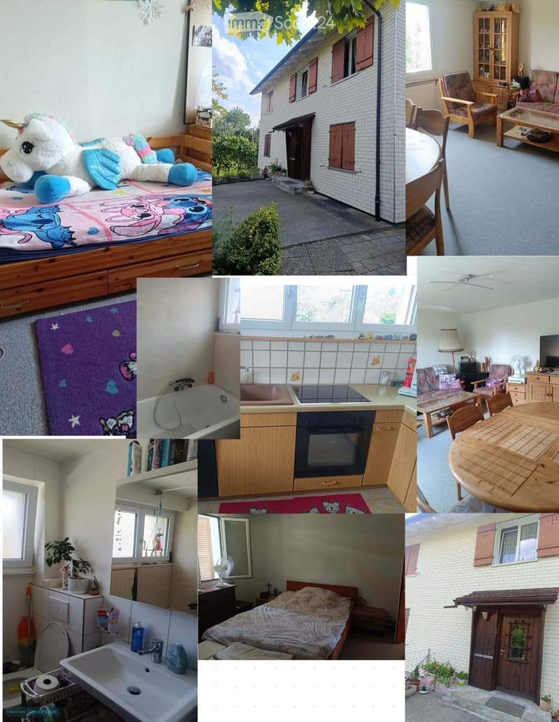 A collage of images showing a house with multiple rooms including a bedroom, living room, kitchen, bathroom, and outdoor area. The house features wooden furniture, colorful decor, and a small garden.