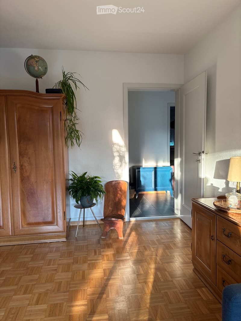 Bright hallway with wooden herringbone flooring, white walls, and natural light. Features include a wooden wardrobe, a small wooden chair, a potted plant on a stool, a globe on top of the wardrobe, and a small table with a lamp and decorative items.