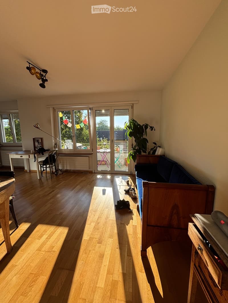 Bright living room with wooden flooring, large sliding glass doors leading to a balcony, a sofa, a small table, a chair, a floor lamp, and a potted plant.
