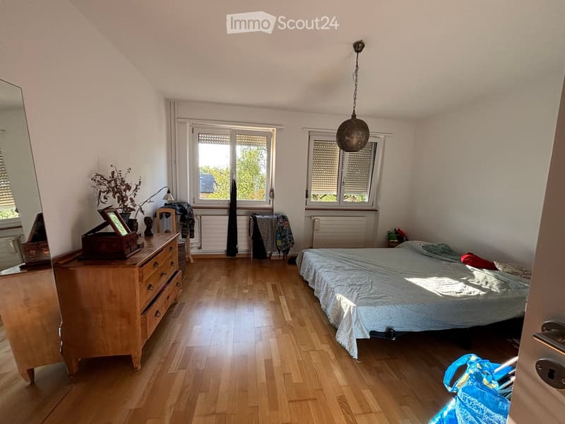 Bright bedroom with wooden flooring, large windows, a bed with a light blue duvet, a wooden dresser with drawers, a mirror, a lamp, and a small plant on the dresser.