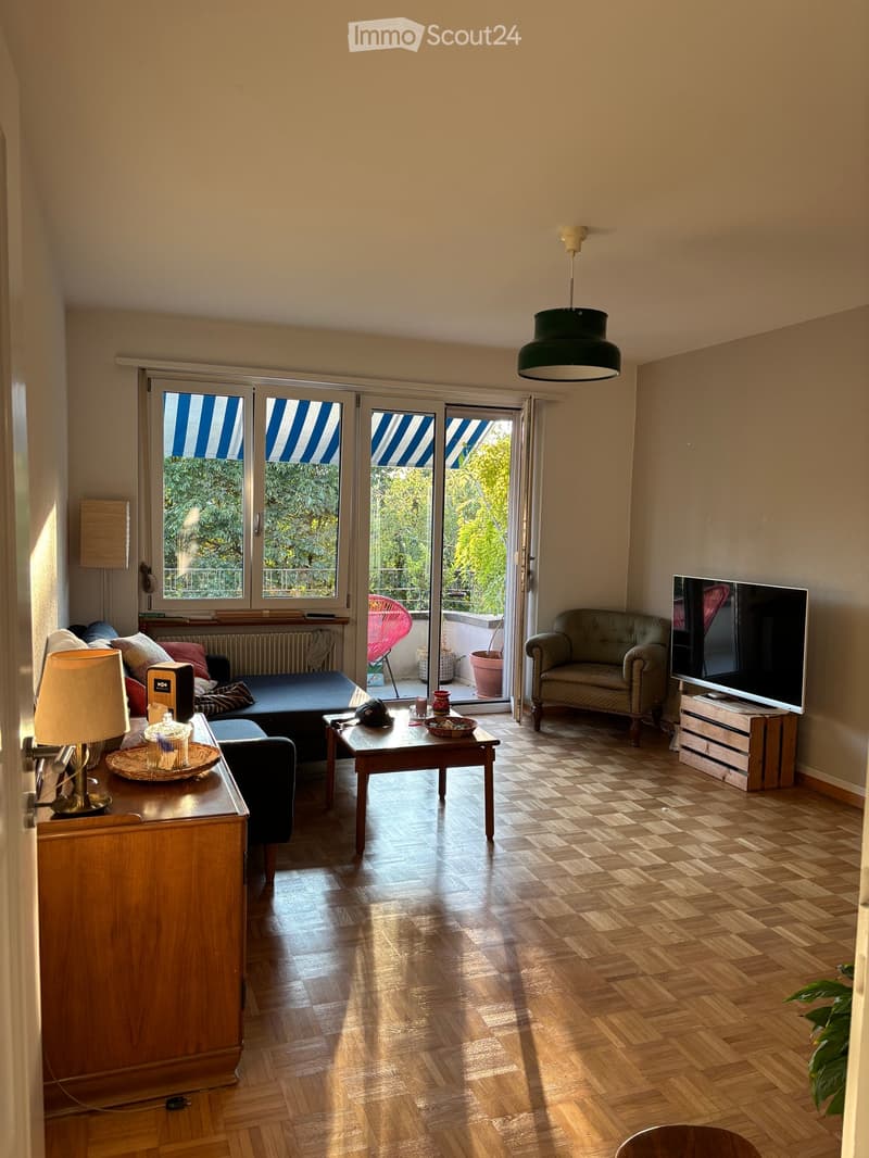 Bright living room with wooden parquet flooring, large windows and sliding doors leading to a balcony, a sofa, armchair, coffee table, TV, and table lamp.
