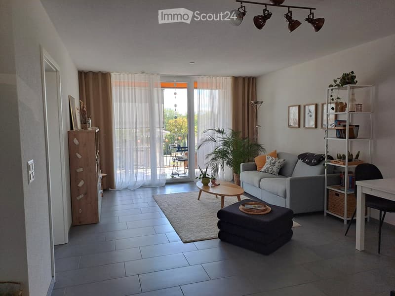 Modern living room with grey sofa, coffee table, round wooden stool, white shelving unit, and large windows leading to a balcony.