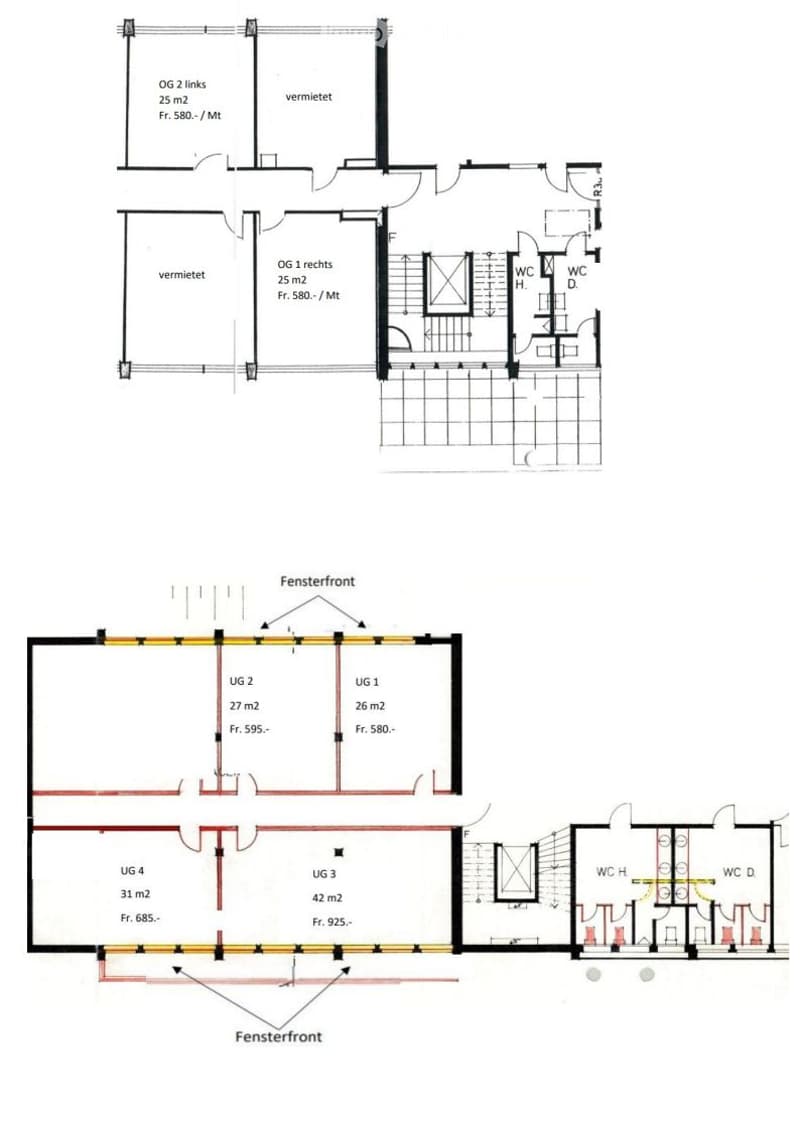 Floor plan showing multiple rooms including OG1 rechts, OG 2 links, UG 1, UG 2, UG 3, UG 4, and bathrooms (WC H and WC D).