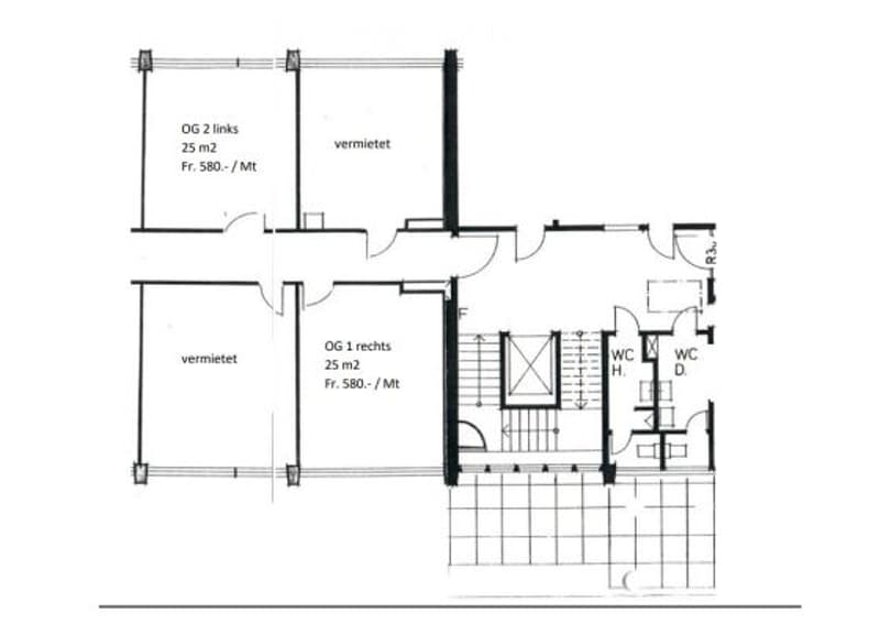 Floor plan of a house with two floors, showing rooms labeled as 'vermittet' (rented), a kitchen, bathrooms, and a living area.