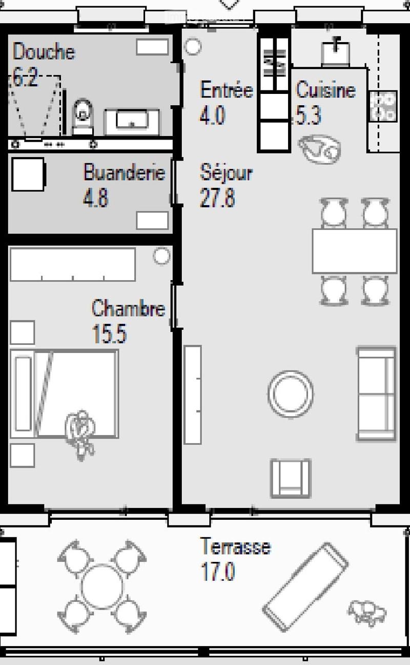 Floor plan of a 5-room apartment including a living room, kitchen, bedroom, bathroom, and entrance area.