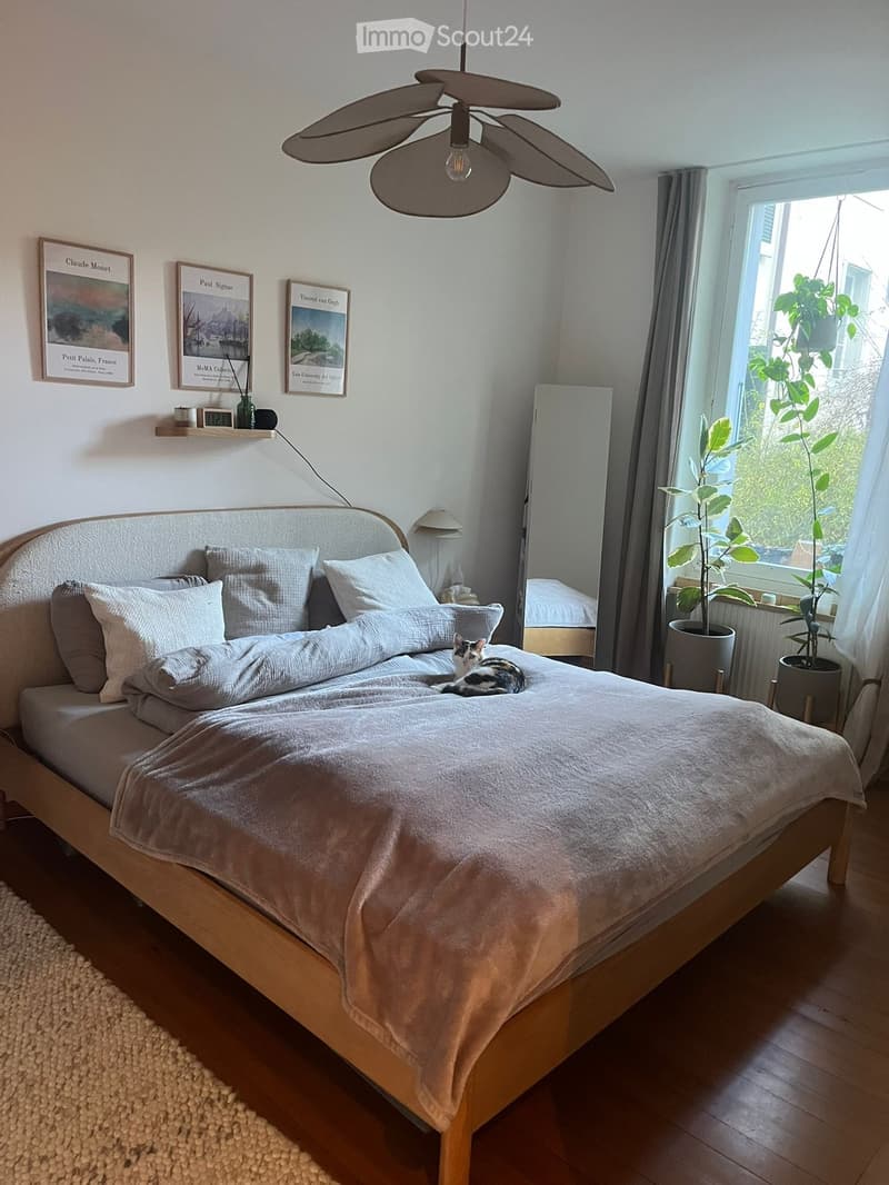 Cozy bedroom with a wooden bed, light-colored bedding, a small cat resting on the bed, a potted plant near the window, and framed artwork on the wall.