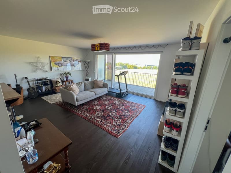 Modern living room with a grey sofa, coffee table, exercise bike, and a shelf with shoes. The room features wooden flooring, a patterned rug, and large windows with a view of the balcony.