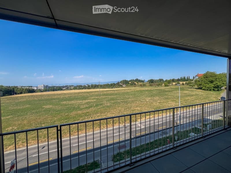Balcony with metal railing, overlooking a road, grassy field, and distant landscape.