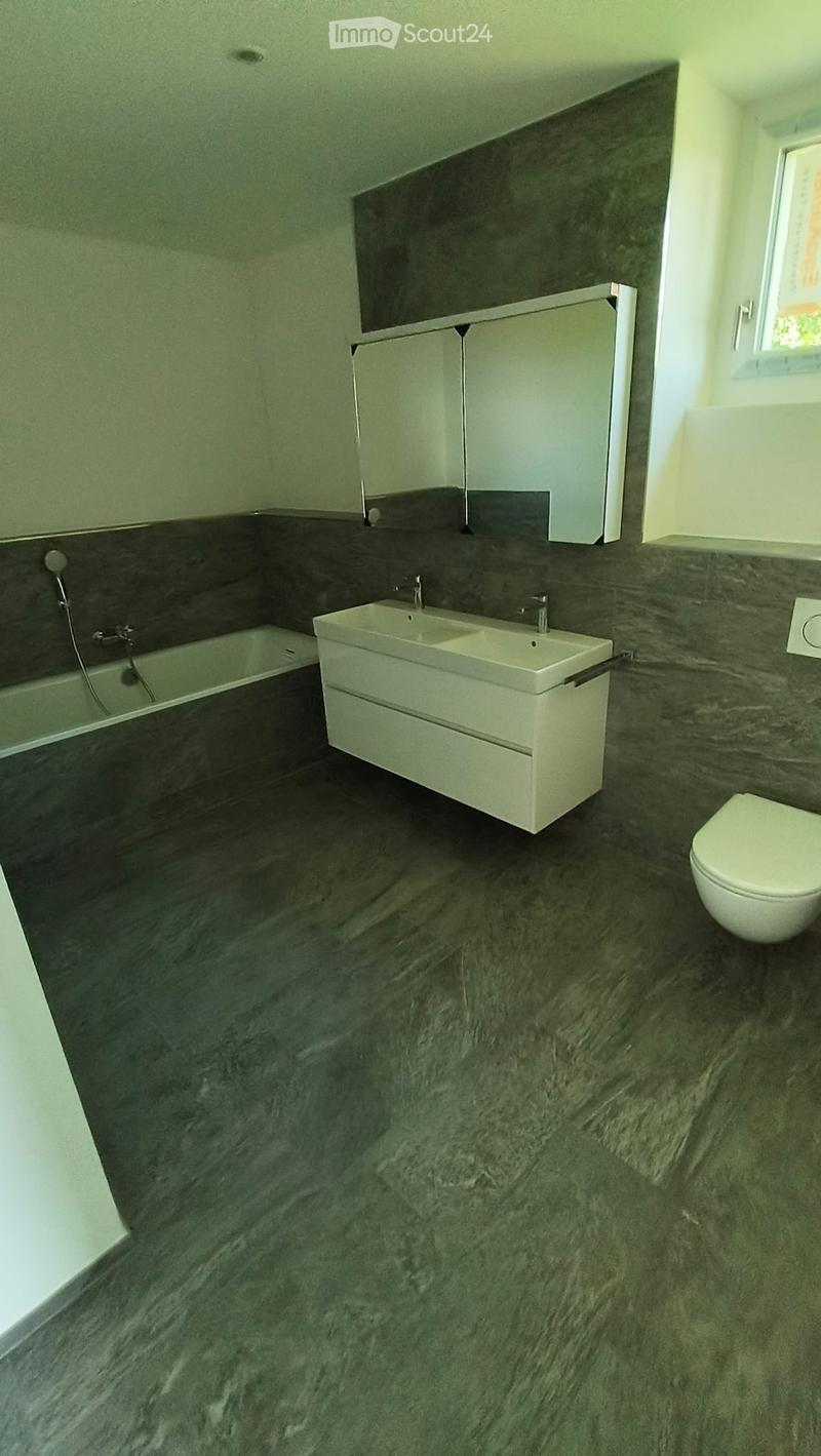 Modern bathroom with dark marble tiles, a white double sink, a bathtub, a toilet, and a mirrored cabinet.