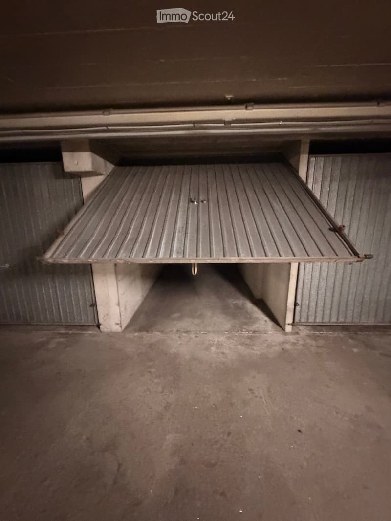 Empty garage with concrete floor and metal shelving unit against the back wall.