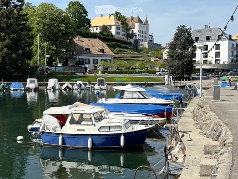 A serene waterfront scene with several docked boats, including a prominent blue and white boat, surrounded by lush greenery and a historic building in the background.