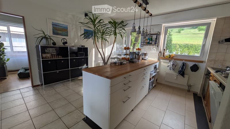 Bright kitchen with a central island, white cabinets, and a black shelving unit. The island has a wooden countertop and stainless steel appliances. There are large windows with a view of greenery, and several potted plants are placed around the room.