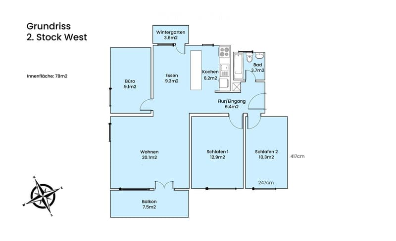 Floor plan of the second floor west, showing a living area, two bedrooms, a kitchen, a bathroom, a winter garden, and a balcony.
