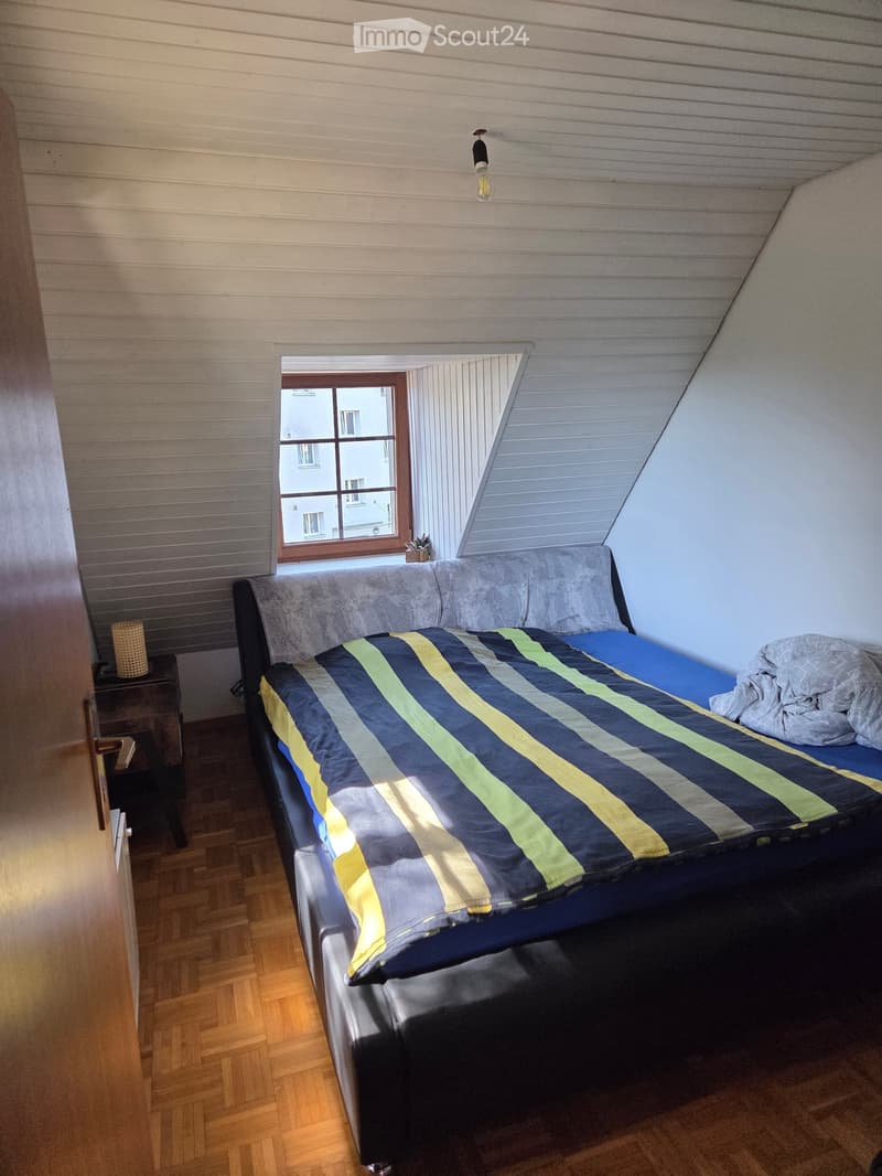 Cozy attic bedroom with wooden floors, slanted ceiling, and a large window. Features a sofa bed with striped bedding, a nightstand with a lamp, and a small potted plant on the windowsill.