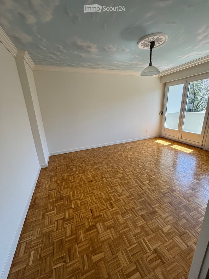 Empty room with wooden herringbone flooring, white walls, and a decorative ceiling light fixture. A large glass door leads to an outdoor area.