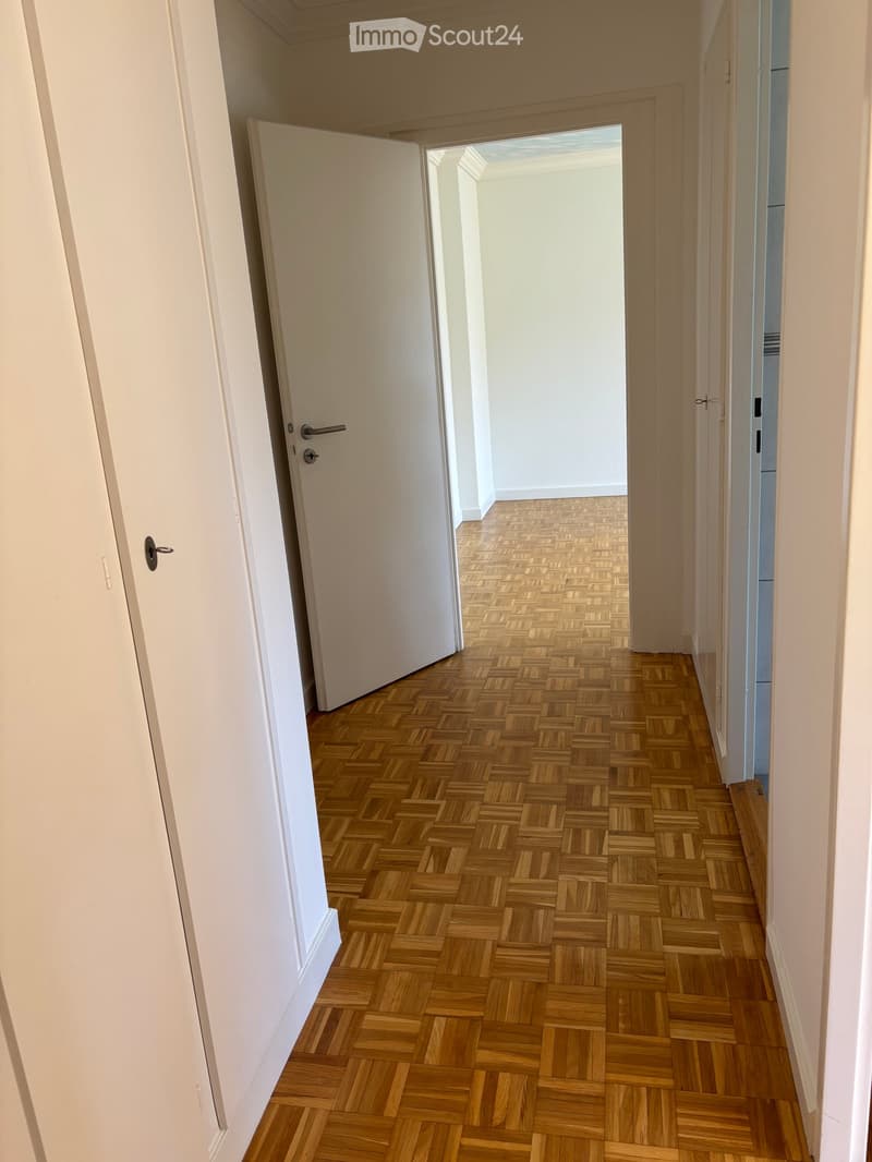 Empty hallway with wooden herringbone flooring, white walls, and closed doors on both sides.