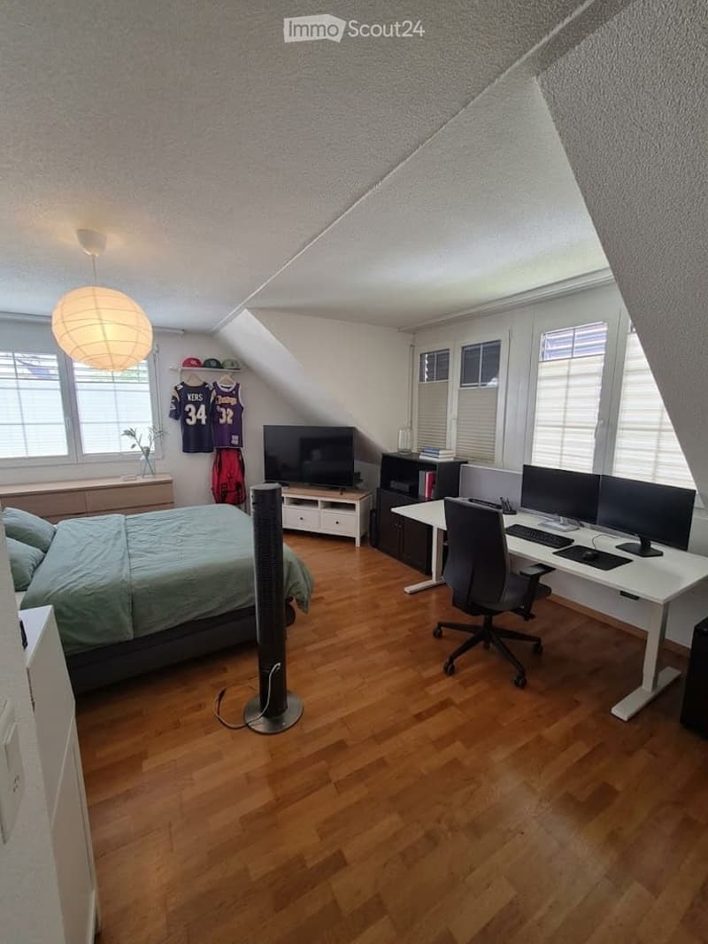 Spacious attic room with wooden flooring, a bed, a desk with a computer setup, a large fan, and a TV. The room features large windows and a slanted ceiling.