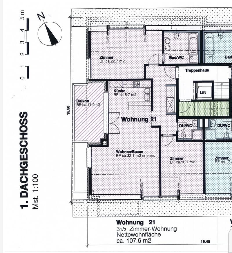 Floor plan of a 3.5-room apartment with a total area of approximately 107.6 m². The layout includes a living/dining area, kitchen, bedroom, bathroom, and balcony.
