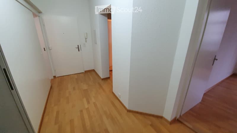 Empty hallway with wooden flooring, white walls, and doors on both sides.