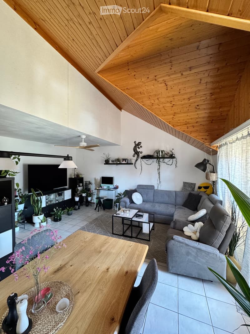Modern living room with grey sectional sofa, coffee table, wooden dining table, TV, hanging lamps, and decorative plants.