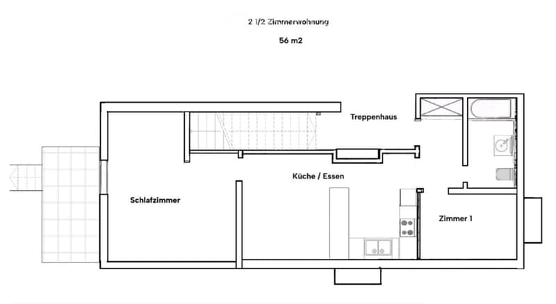 Floor plan of a 2.5-room apartment (56 m²) featuring a bedroom, kitchen/dining area, room 1, and staircase.
