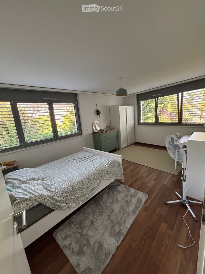 A well-lit bedroom with wooden flooring, a bed with a patterned duvet, a fan, a chair, a small table, a cabinet, and a mirror. The room features large windows with blinds and a hanging plant.